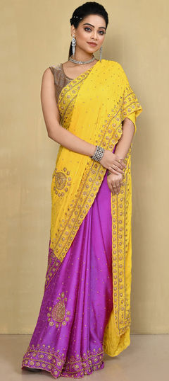 Pink and Majenta, Yellow color Saree in Georgette fabric with Cut Dana, Stone work