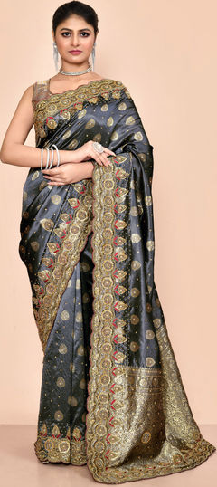 Black and Grey color Saree in Kanjeevaram Silk fabric with Cut Dana, Stone, Weaving work