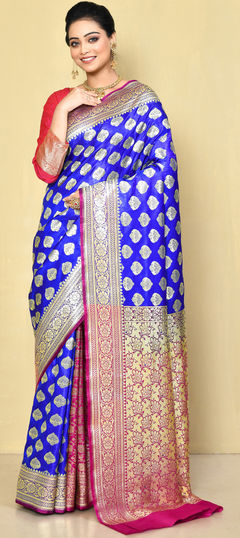 Blue color Saree in Kanjeevaram Silk fabric with Weaving, Zari work