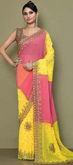 Pink and Majenta, Yellow color Saree in Georgette fabric with Bugle Beads, Cut Dana, Stone work