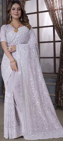 Purple and Violet color Saree in Georgette fabric with Embroidered, Resham, Sequence, Thread work