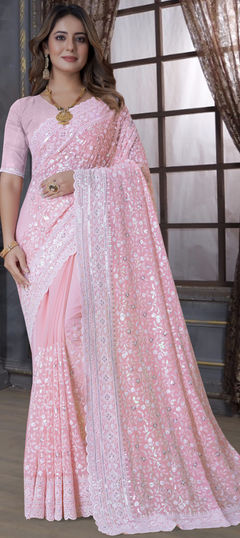 Engagement, Mehendi Sangeet, Reception Pink and Majenta color Saree in Georgette fabric with Classic Embroidered, Resham, Sequence, Thread work : 1896874