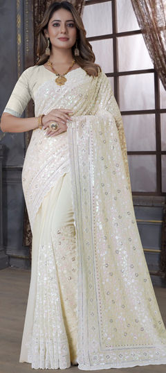 White and Off White color Saree in Georgette fabric with Embroidered, Resham, Sequence, Thread work