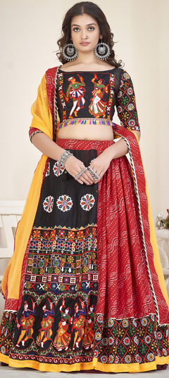 Red and Maroon color Lehenga in Silk cotton fabric with Embroidered, Printed, Resham, Thread work