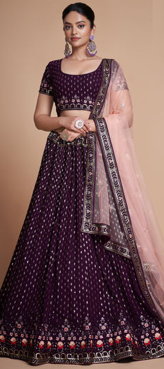 Purple and Violet color Lehenga in Georgette fabric with Embroidered, Sequence, Thread work