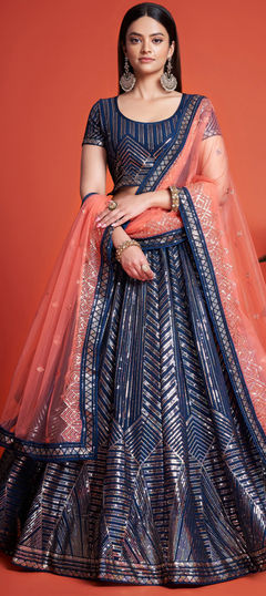 Blue color Lehenga in Georgette fabric with Embroidered, Sequence, Thread work