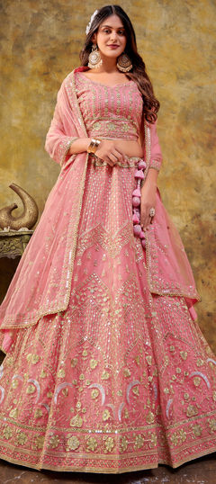 Party Wear, Reception Pink and Majenta color Lehenga in Net fabric with Flared Embroidered, Sequence, Thread work : 1897073