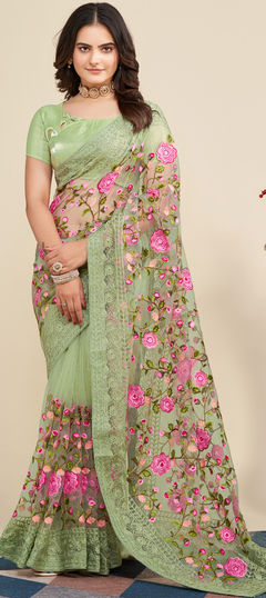 Green color Saree in Net fabric with Embroidered, Resham, Thread work