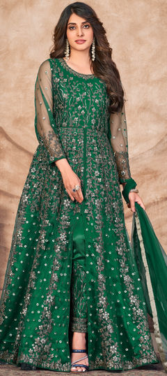 Green color Salwar Kameez in Net fabric with Embroidered, Sequence, Thread work