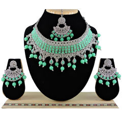 Silver Rodium Polish Green color Necklace in Metal Alloy studded with CZ Diamond, Pearl