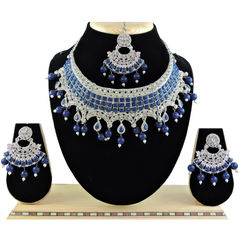 Silver Rodium Polish Blue color Necklace in Metal Alloy studded with CZ Diamond, Pearl