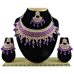 Silver Rodium Polish Purple and Violet color Necklace in Metal Alloy studded with CZ Diamond, Pearl