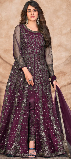 Purple and Violet color Salwar Kameez in Net fabric with Embroidered, Sequence, Thread work