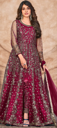 Red and Maroon color Salwar Kameez in Net fabric with Embroidered, Sequence, Thread work