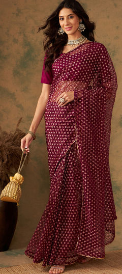Purple and Violet color Saree in Net fabric with Embroidered, Thread, Zari work