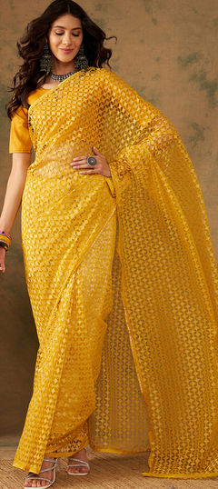 Yellow color Saree in Net fabric with Embroidered, Thread, Zari work