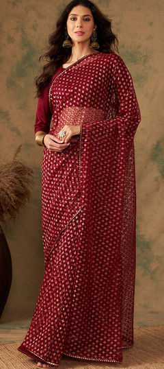 Red and Maroon color Saree in Net fabric with Embroidered, Thread, Zari work