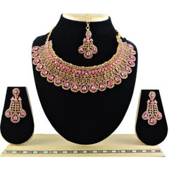 Gold Rodium Polish Gold, Pink and Majenta color Necklace in Metal Alloy studded with CZ Diamond