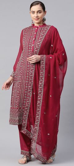 Pink and Majenta color Salwar Kameez in Art Silk fabric with Embroidered, Sequence, Thread work