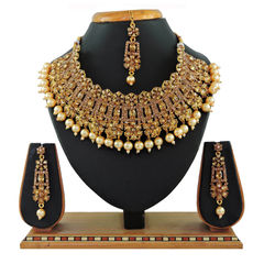 Gold Rodium Polish Gold color Necklace in Metal Alloy studded with CZ Diamond, Kundan, Pearl