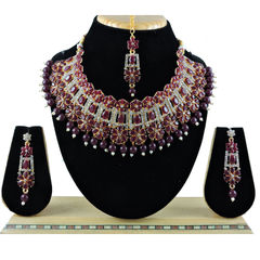 Gold Rodium Polish Red and Maroon color Necklace in Metal Alloy studded with CZ Diamond, Kundan, Pearl