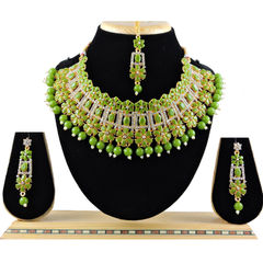 Gold Rodium Polish Green color Necklace in Metal Alloy studded with CZ Diamond, Kundan, Pearl