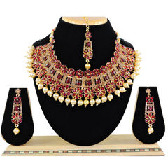 Gold Rodium Polish Red and Maroon color Necklace in Metal Alloy studded with CZ Diamond, Kundan, Pearl
