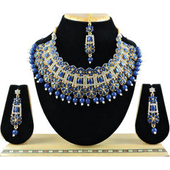 Gold Rodium Polish Blue color Necklace in Metal Alloy studded with CZ Diamond, Kundan, Pearl