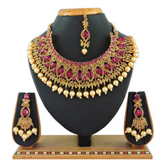 Gold Rodium Polish Pink and Majenta color Necklace in Metal Alloy studded with CZ Diamond, Pearl