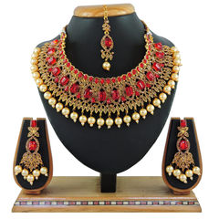 Gold Rodium Polish Red and Maroon color Necklace in Metal Alloy studded with CZ Diamond, Pearl