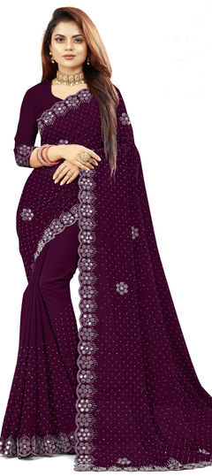 Purple and Violet color Saree in Georgette fabric with Mirror, Swarovski work