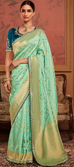 Green color Saree in Dolla Silk, Silk fabric with Embroidered, Thread, Weaving work