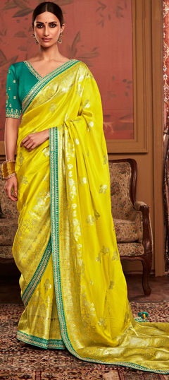 Yellow color Saree in Dolla Silk, Silk fabric with Embroidered, Thread, Weaving work