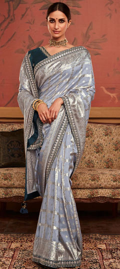 Black and Grey color Saree in Dolla Silk, Silk fabric with Embroidered, Thread, Weaving work