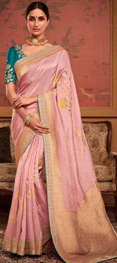 Pink and Majenta color Saree in Dolla Silk, Silk fabric with Embroidered, Thread, Weaving work