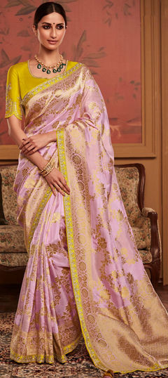 Pink and Majenta color Saree in Dolla Silk, Silk fabric with Embroidered, Thread, Weaving work