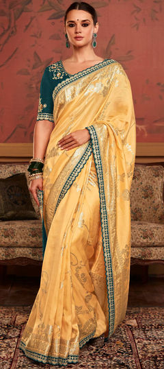 Yellow color Saree in Dolla Silk, Silk fabric with Embroidered, Thread, Weaving work