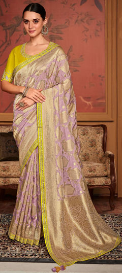 Purple and Violet color Saree in Dolla Silk, Silk fabric with Embroidered, Thread, Weaving work