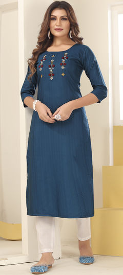 Blue color Kurti in Art Silk fabric with Embroidered, Resham, Thread, Zari work