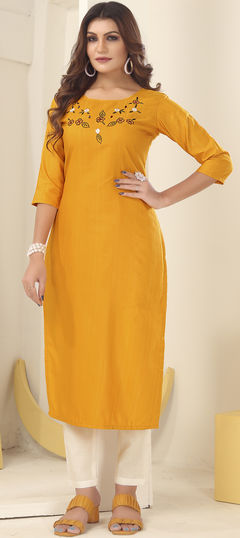 Yellow color Kurti in Art Silk fabric with Embroidered, Resham, Thread, Zari work