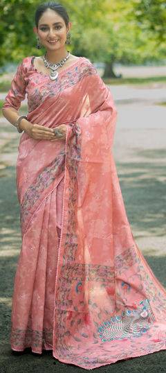 Party Wear, Traditional Pink and Majenta color Saree in Tussar Silk fabric with South Embroidered, Printed, Thread work : 1897542