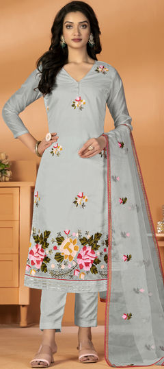 Party Wear Black and Grey color Salwar Kameez in Art Silk fabric with Straight Embroidered, Resham, Thread work : 1897626