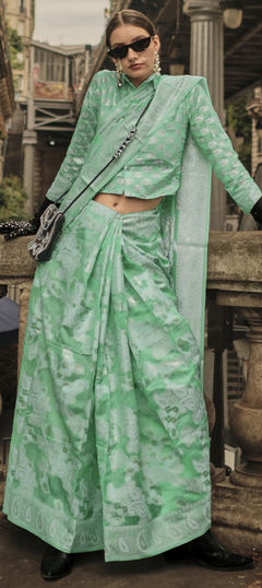 Festive, Party Wear, Traditional Green color Saree in Organza Silk, Silk fabric with South Embroidered, Thread, Zari work : 1897770