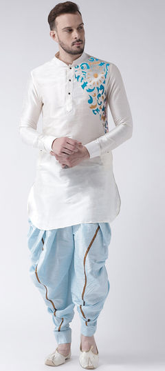 White and Off White color Dhoti Kurta in Dupion Silk fabric with Embroidered, Resham, Thread work
