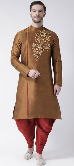 Beige and Brown color Dhoti Kurta in Dupion Silk fabric with Embroidered, Resham, Thread work