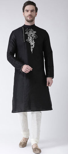 Black and Grey color Kurta Pyjamas in Dupion Silk fabric with Embroidered, Resham, Thread work