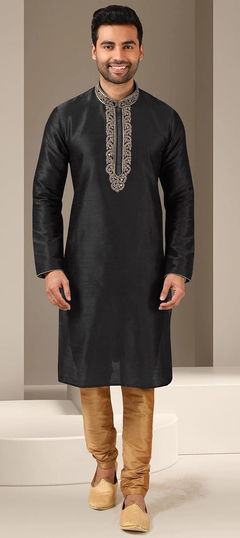 Black and Grey color Kurta Pyjamas in Dupion Silk fabric with Embroidered, Resham, Thread work