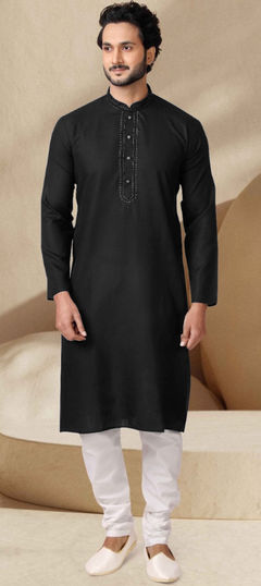 Black and Grey color Kurta Pyjamas in Blended Cotton fabric with Embroidered, Resham, Thread work