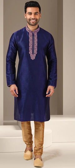 Blue color Kurta Pyjamas in Dupion Silk fabric with Embroidered, Resham, Thread work