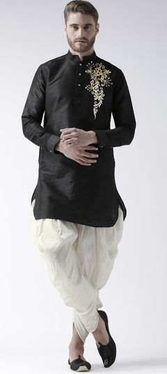 Black and Grey color Dhoti Kurta in Dupion Silk fabric with Embroidered, Resham, Thread work